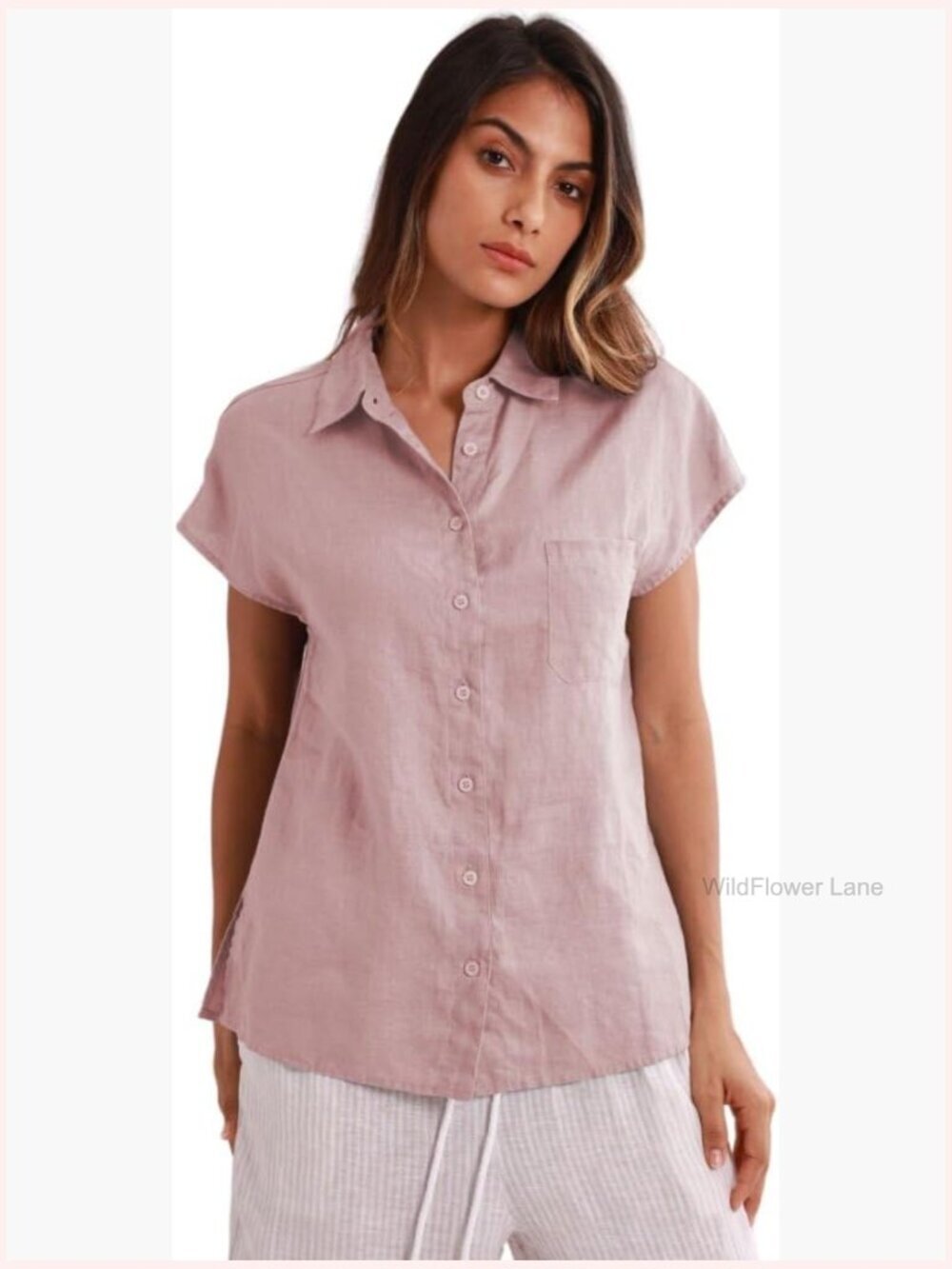 100% Linen Short Sleeve Button Down Blouse